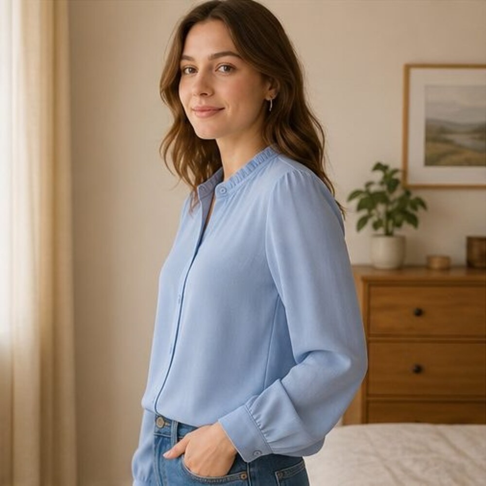 Powder Blue Ruffle Collar Blouse - Picture 3 of 6